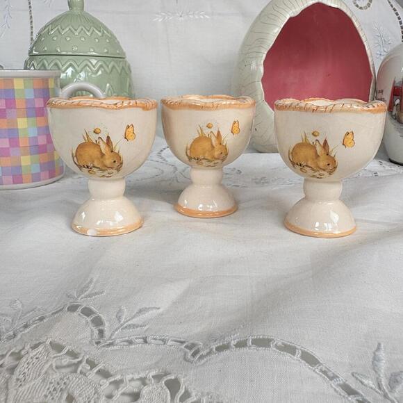 Susan Winget Bunny and Butterfly Egg Cups on Pedestals set of three - Picture 1 of 5